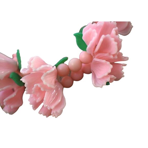 Vintage 50s Pink Celluloid Flower Green Leaves Double Strand Stretch Bracelet - Picture 6 of 6